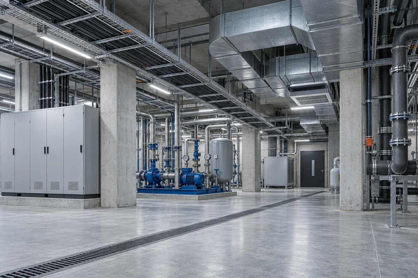 Ilustración de instalaciones de agua, energía y ventilación organizadas en una infraestructura.
